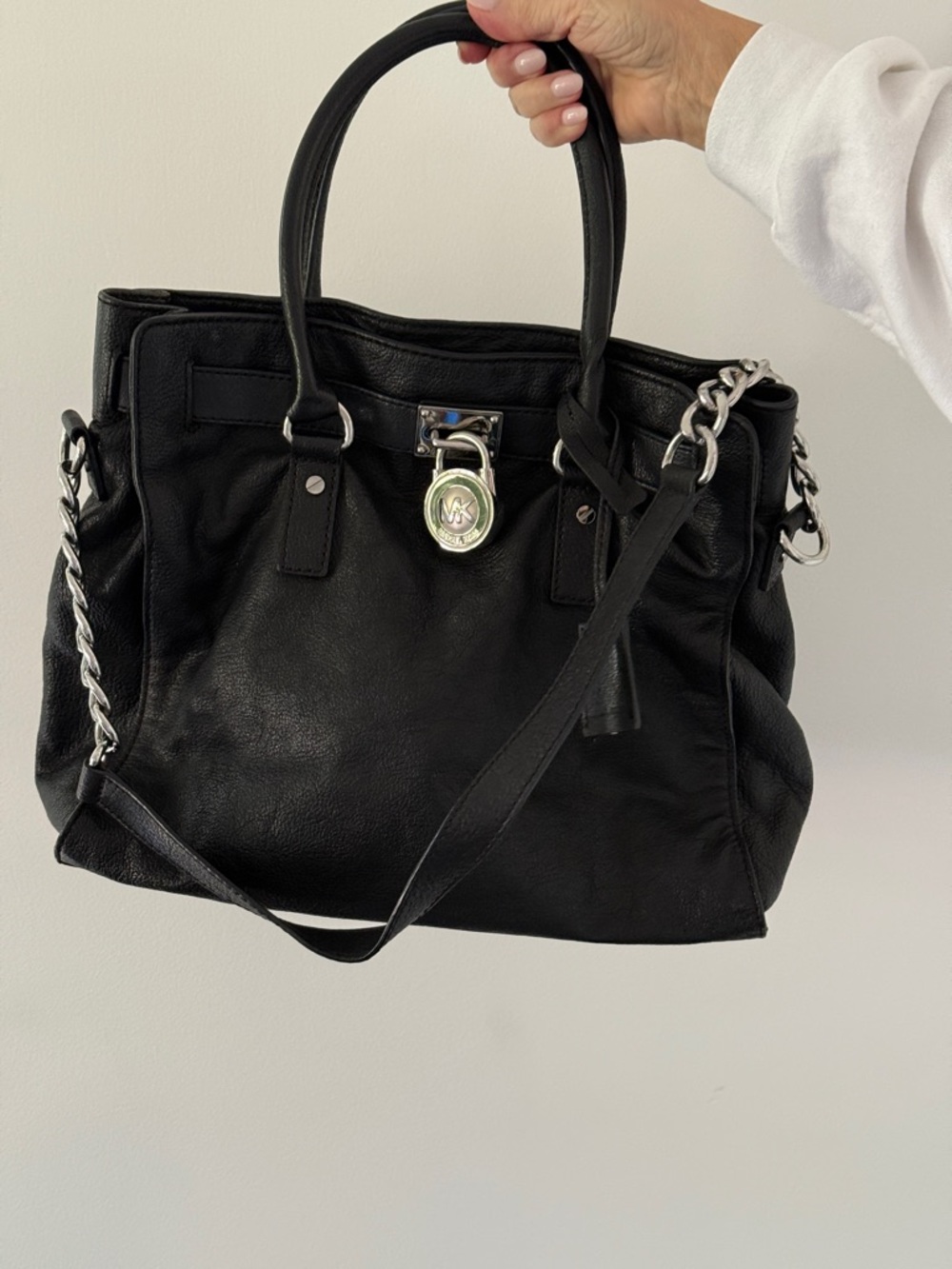 Michael Kors Black Leather Satchel with Silver Chain Accents